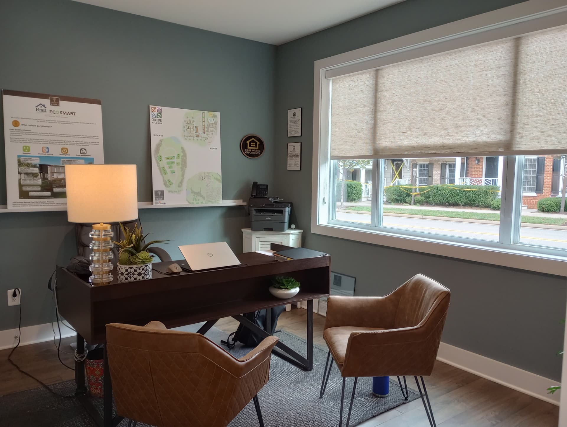Home office with natural woven wood shades